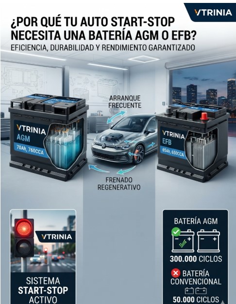 Sistema Start-Stop con batería AGM en auto moderno mostrando ciclos de arranque y parada